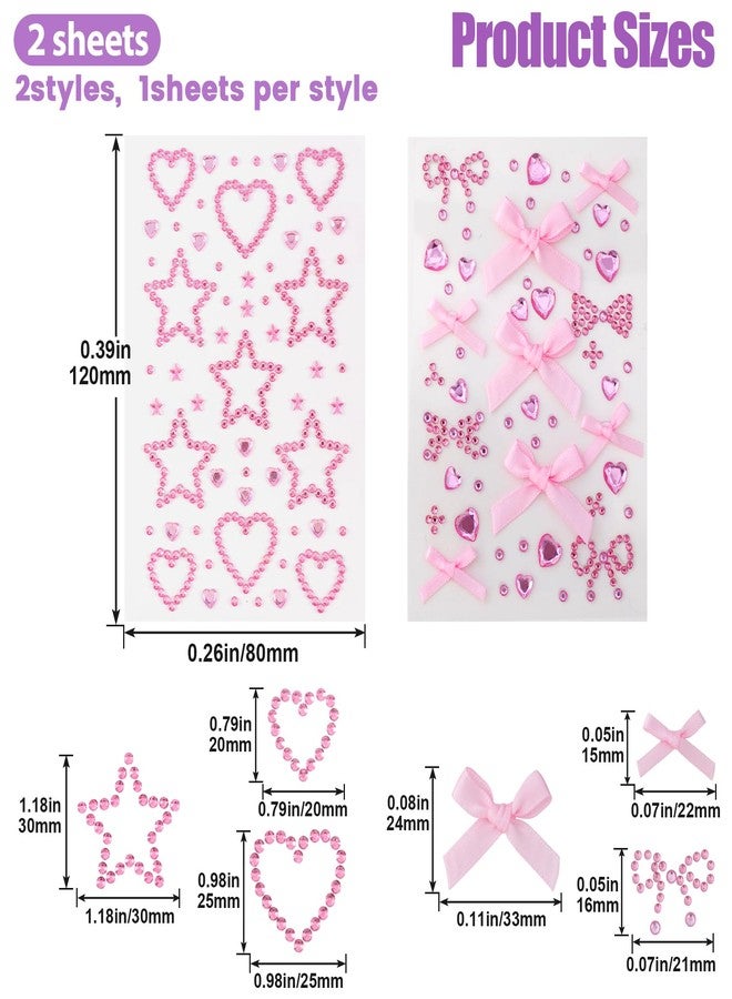 SmallCat 2 Sheets Bow Face Gems Stickers, Heart Rhinestones Hair Jewerl, Self Adhesive Crystal Acrylic Gems Sticker for Wedding Dating Party Face Hair Body Decoration- Pink - Image 2